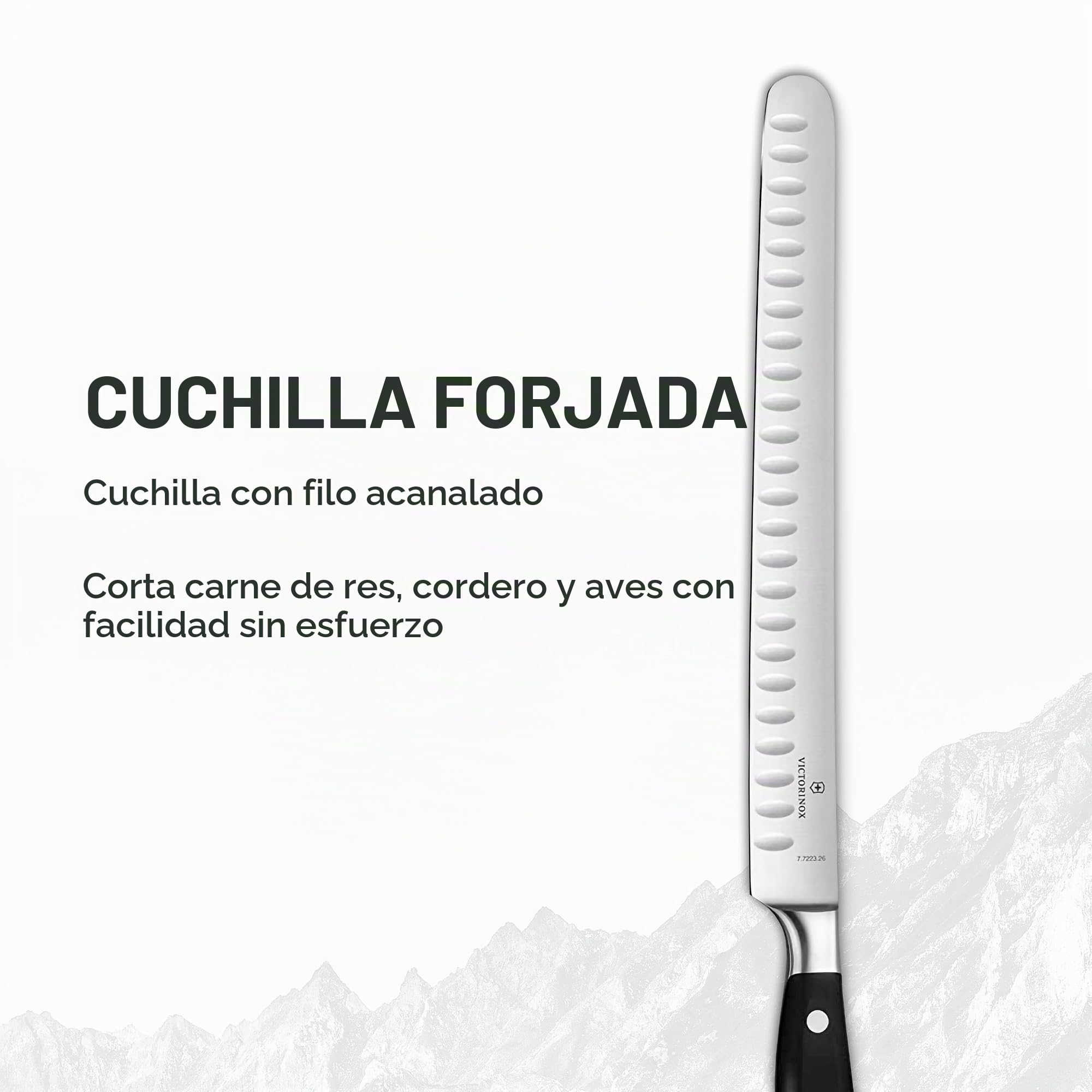 Victorinox Grand Maître, cuchillo jamonero profesional, hoja extra afilada, filo biselado, 26 cm, mango de plástico, acero inoxidable, negro