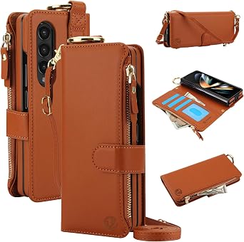 for Samsung Galaxy Z Fold 4 Case Wallet with RFID Blocking Card Holder and Shoulder Strap Wrist Strap, Multi-Function Stylish Ring Zipper Purse Case for Galaxy Z Fold 4, Brown