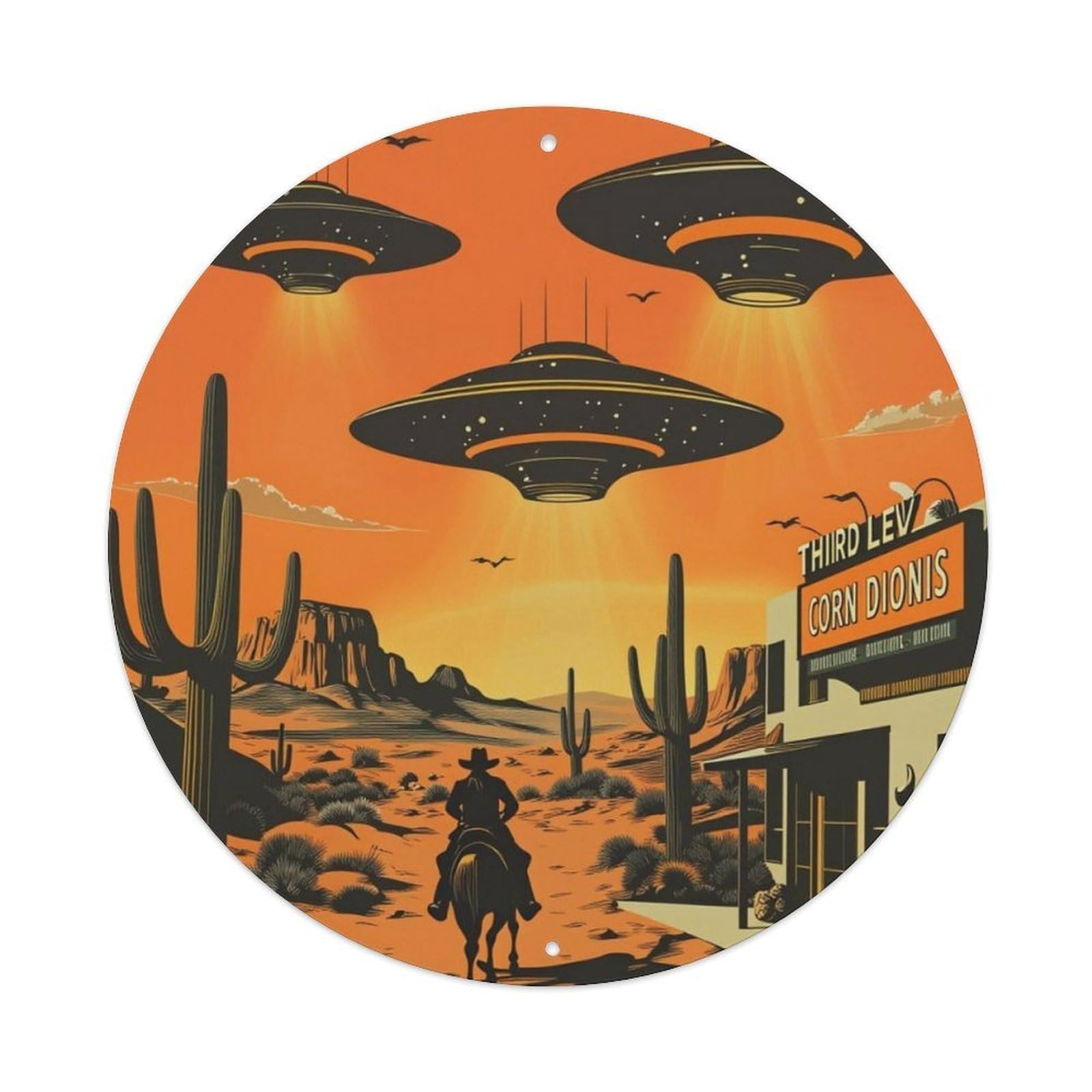 Western Desert UFO Cowboy Retro Sci-Fi Round Sign Vintage Aluminium Metal Sign, Retro Wall Decor for Home, Bar, Garage & Farmhouse 20x20cm