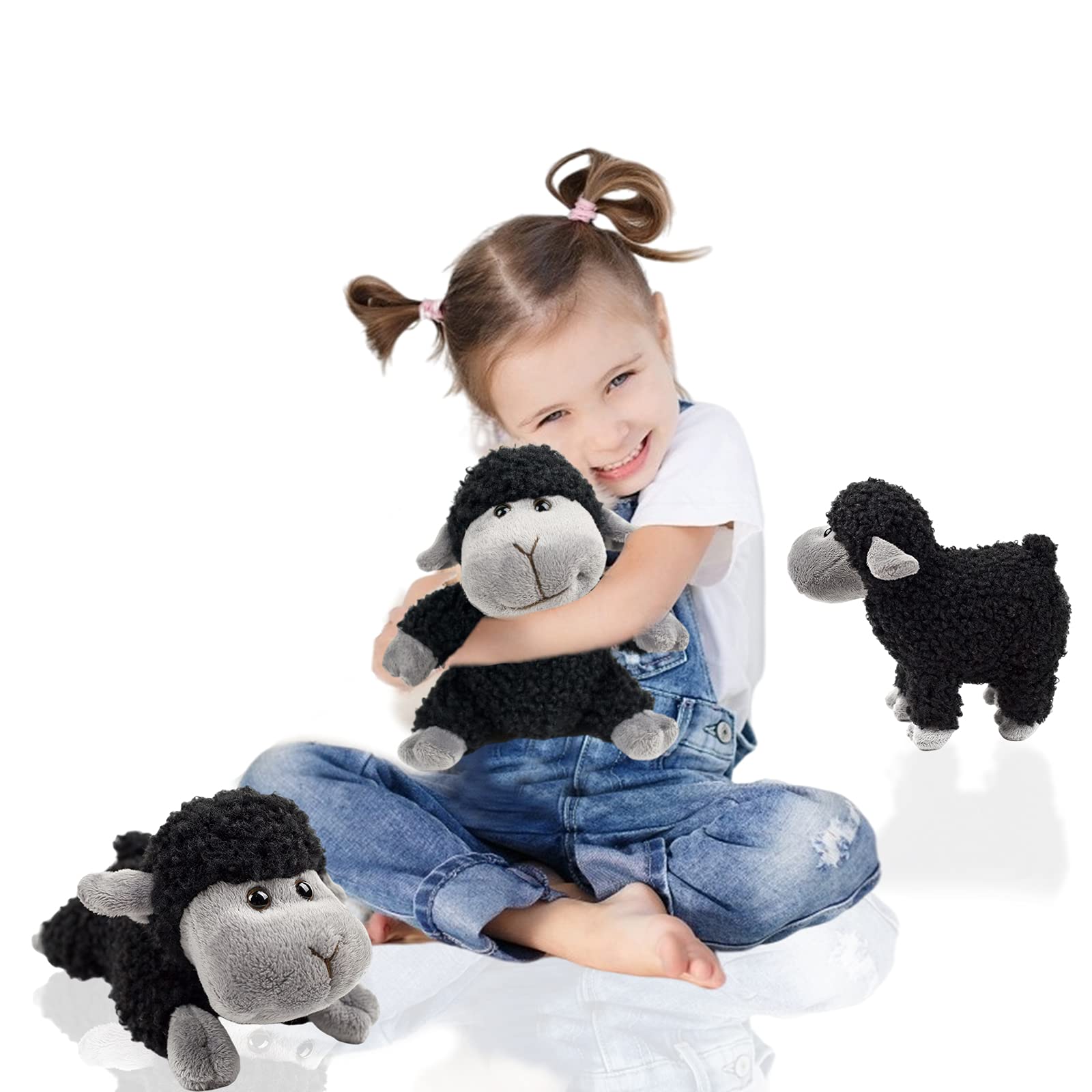 3 Pcs Stuffed Sheep Animals, 6.5 inch - 8.8 inch Cute Lamb Plush Toy as Gift for Your Kids (Sitting, Standing, Lying). (Black)