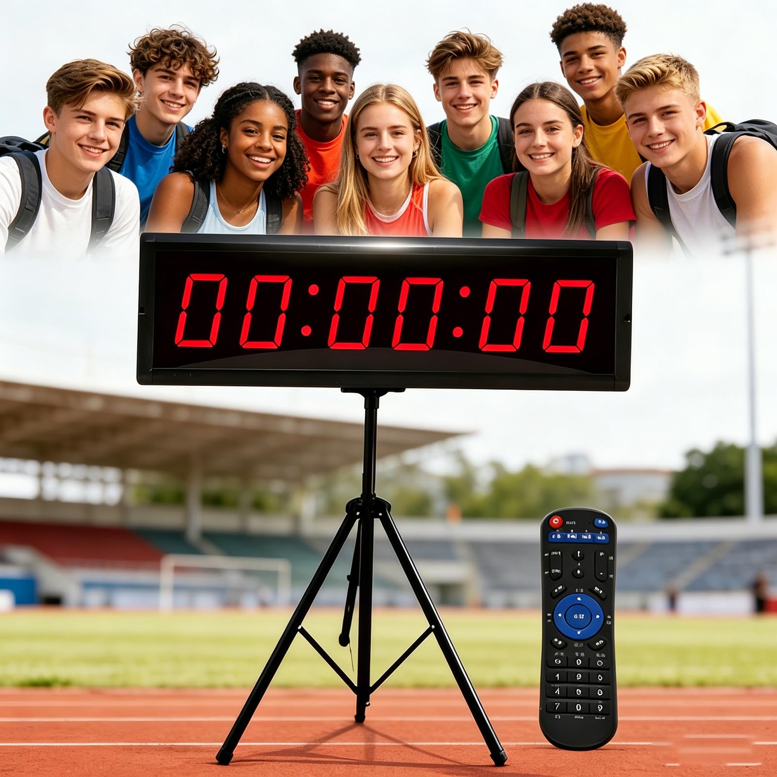 Reloj Pared Digital, Temporizador Doble Cara 3,8 Cm (1,5 Pulgadas) con Trípode/Control Remoto, 6 Modos Funcionamiento Principales, 3 Métodos Instalación, Eventos Carrera Competiciones Deportivas
