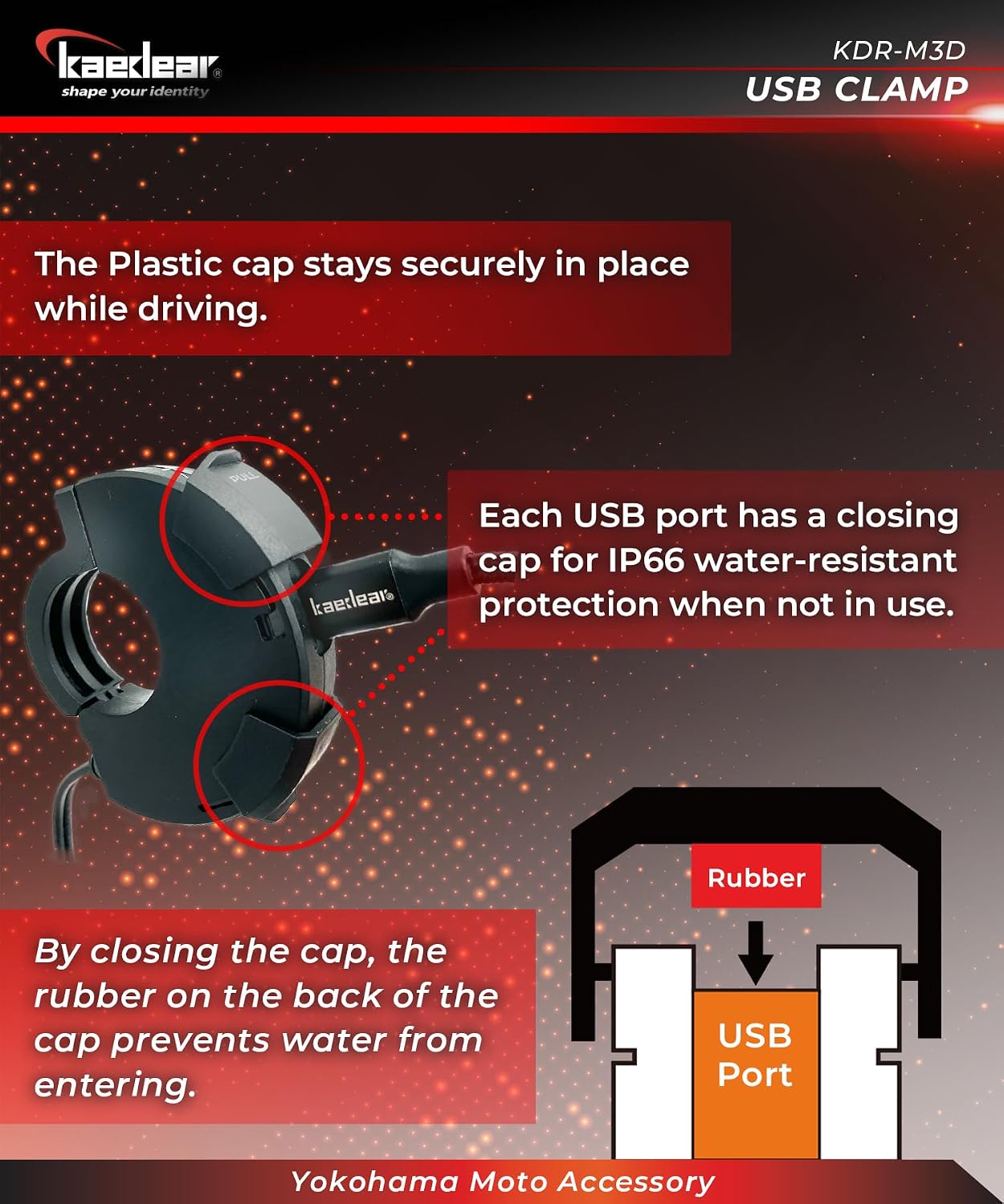 KAEDEAR [Type A + Type C] Motorcycle USB Clamp, Water Resistant, Fast-Charging, PD(30W)+QC3.0(18W), SAE DC 12V, USB Clamp KDR-M3D