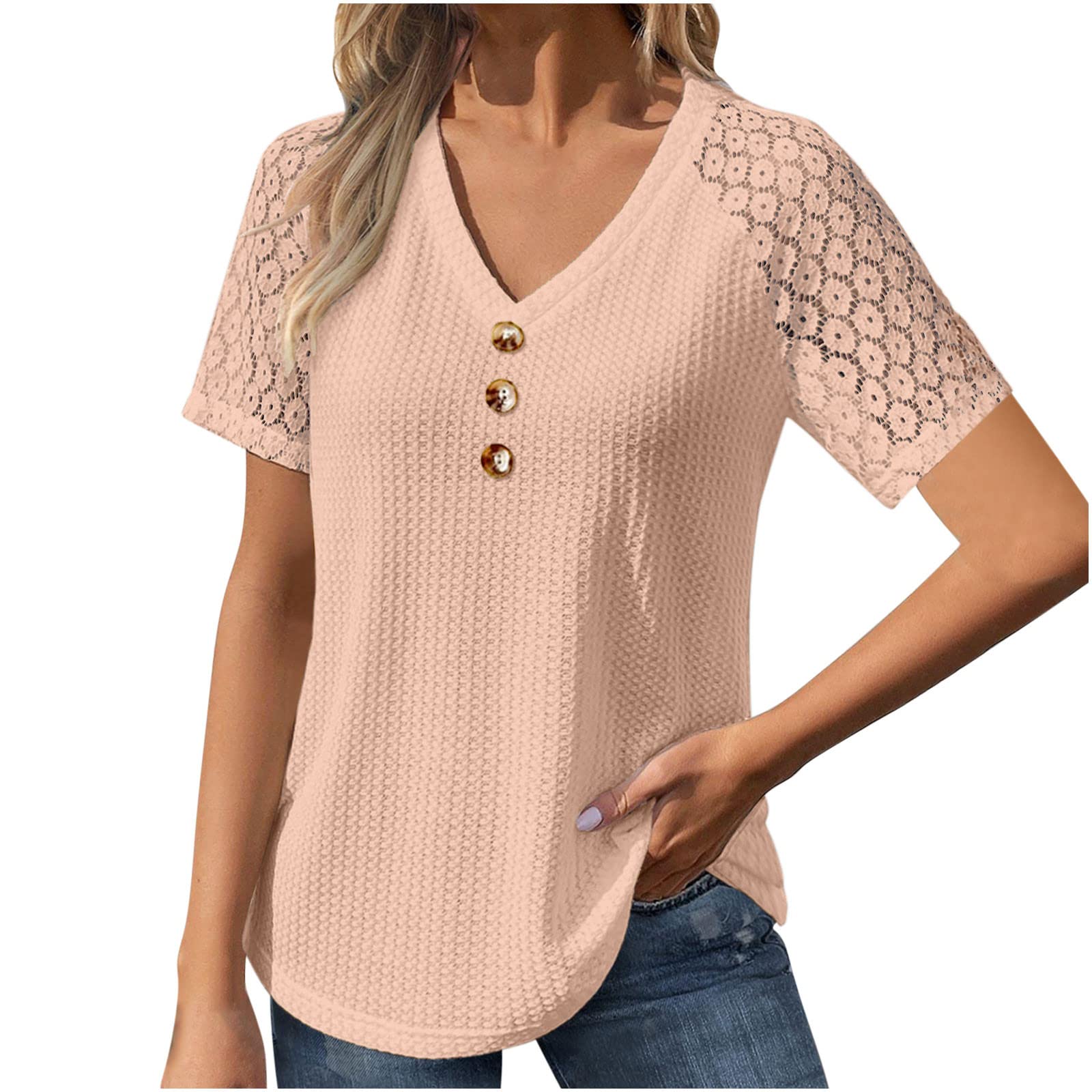 DASAYOWomen's Button Down Waffle Knit Tops Lace Splice Short Sleeve T Shirts Solid Color V Neck Summer Casual Work Blouses