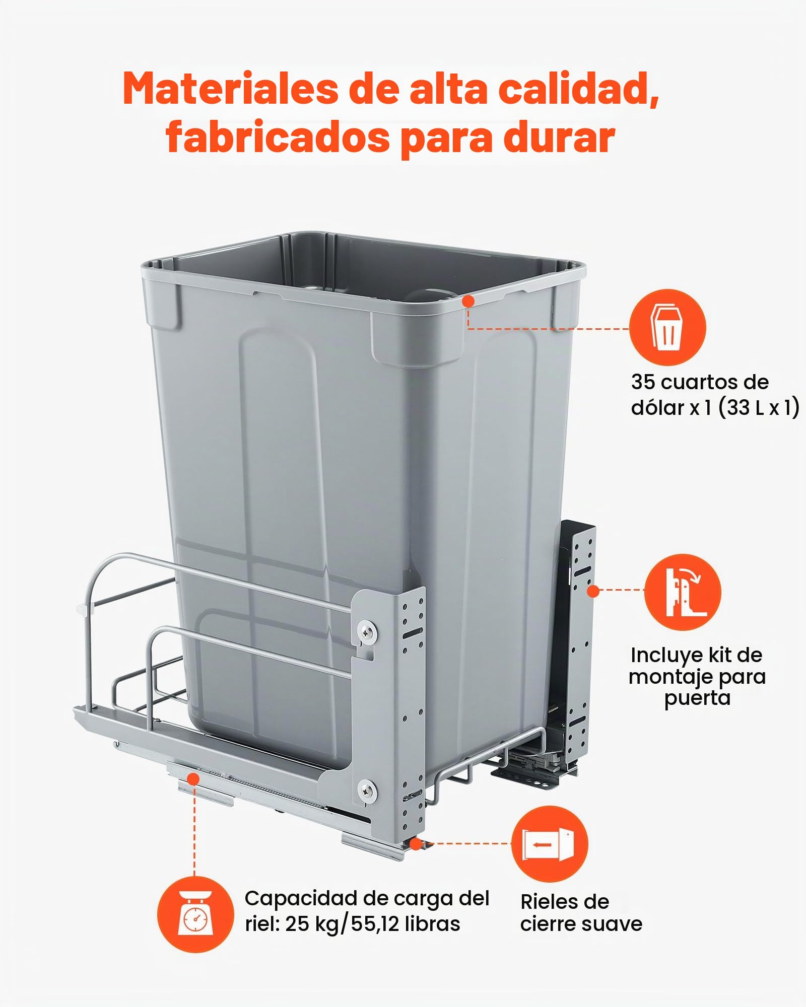 VEVOR Cubo de Basura Extraíble para Armarios de Cocina, Montaje Bajo Encimera, Gris, con Sistema Deslizante de Cierre Suave de Metal y Kit de Puerta, para Fregadero y Encimera, 410 x 277 x 487 mm
