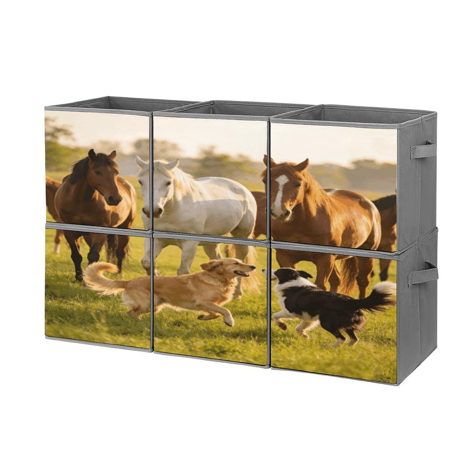 Fodpand Style Horses And Dogs Cube Bins With Double Handles,Set Of 6 Cube Organizer, Stackable And Foldable Storage Bins For Organization, Closet, Shelves, Offices