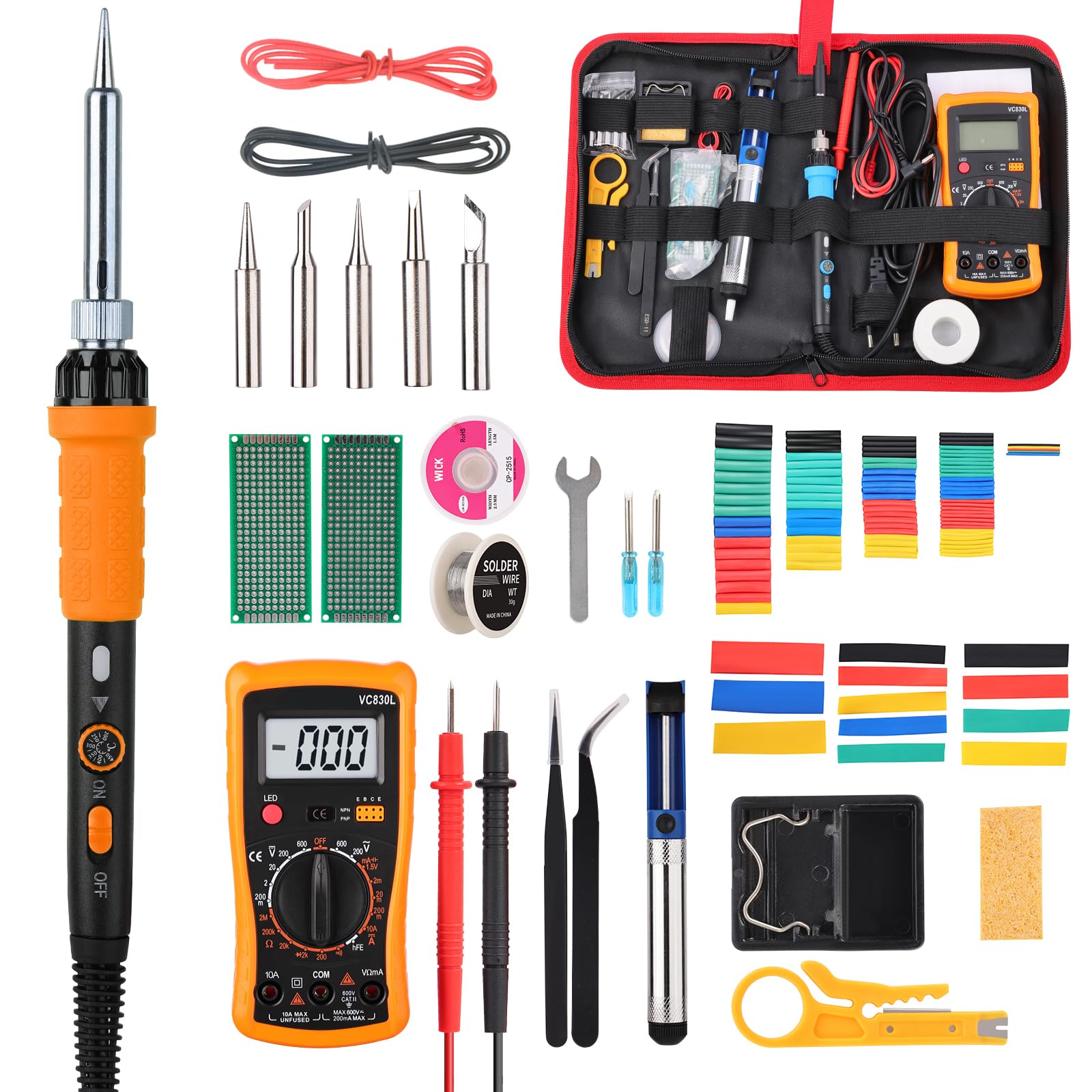 Kit de fer à souder avec multimètre numérique LCD, fer à souder 60 W avec 5 pointes de rechange, support, pompe à dessouder, étain, pince à dénuder, pincette, ruban adhésif, sac à outils
