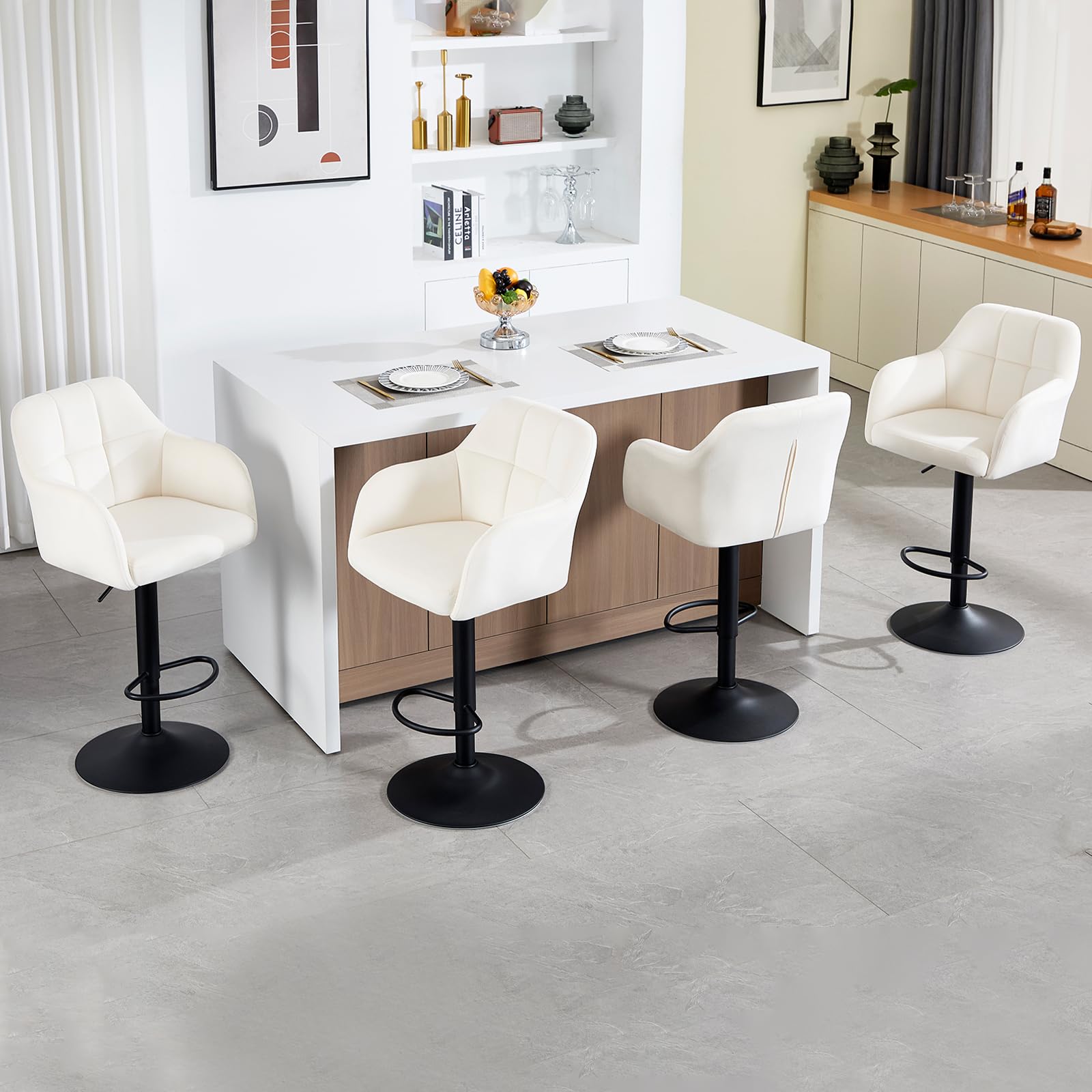 Moderne Barhocker 4er Set, Thekenhoher Samt Barhocker mit Armlehnen Höhenverstellbarer Barstuhl für Kücheninsel Heimkino Esszimmer, Creme