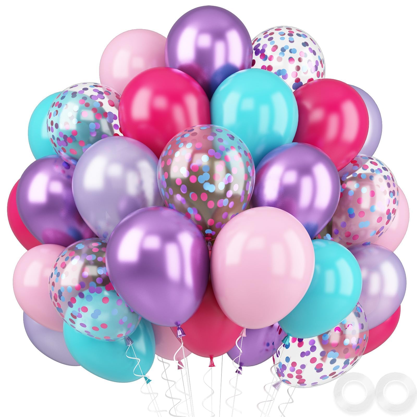 Metallic Chrome Purple Pearl Pink Maca Teal Blue Latex Balloons - 52 PCS 12 Inch with Confetti for Girls Birthday Theme Party Decoration