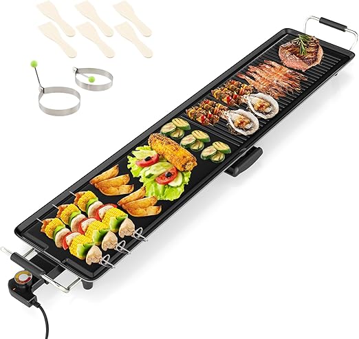 COSTWAY 39.5” Electric Griddle, Extra Large Teppanyaki Grill with 2 Nonstick Surfaces, Adjustable Temperature, Insulated Handles & Drip Tray, Indoor Outdoor BBQ Grill for Party, Camping & RV (39.5'')