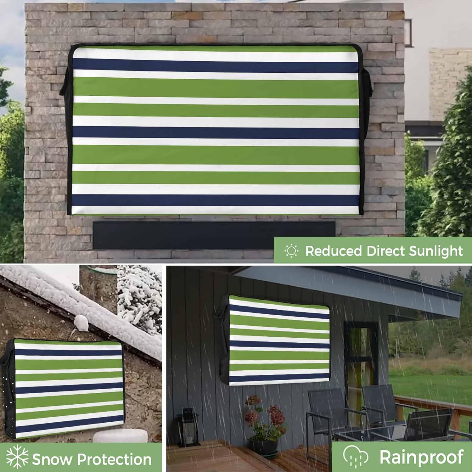 Outdoor TV Cover 39 Inch Navy Blue Green Stripes TV Enclosure Lime Green Striped TV Covers for Outside TV Display Screen Protector with Remote Control Pocket Home Decor