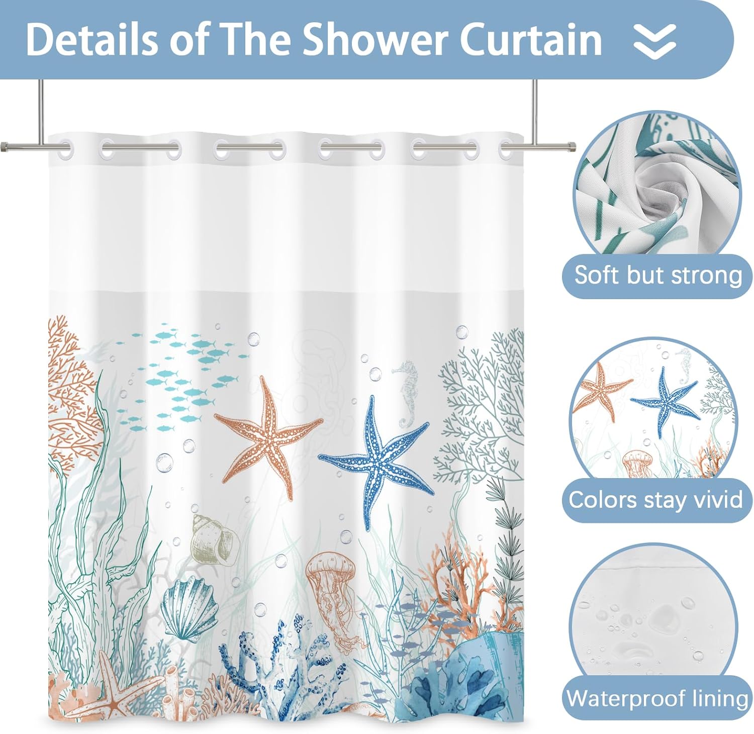 Hookless Ocean Shower Curtain with Snap in Liner Set - 71 x 71Inches Waterproof No Hook Starfish Bath Curtain with Mesh Top Window for Nautical and Kids Bathroom