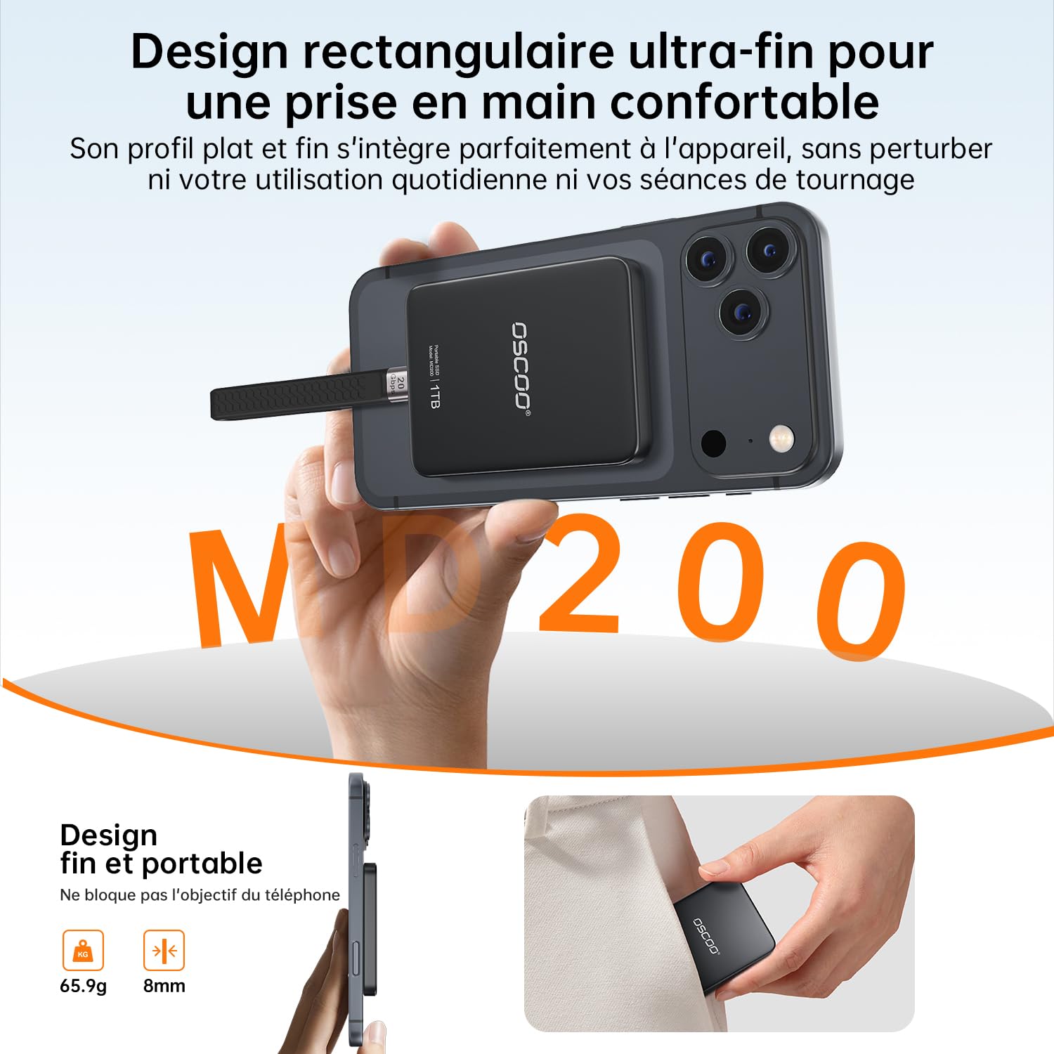 MD200 2To SSD Externe Portable Magnétique, Vitesse jusqu'à 2000Mo/S, USB 3.2 Gen2 USB-C Disque Dur Externe, Compatible avec PC, Mac, MacBook/Pro/Air