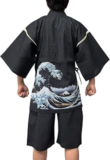 [江户天] 甚平 男士 浮世绘印花 名画主题 棉100% 凹凸编织 凉爽 日式花纹 上下套装【浮世彩画】 M L LL 3L 4L 5L 大码