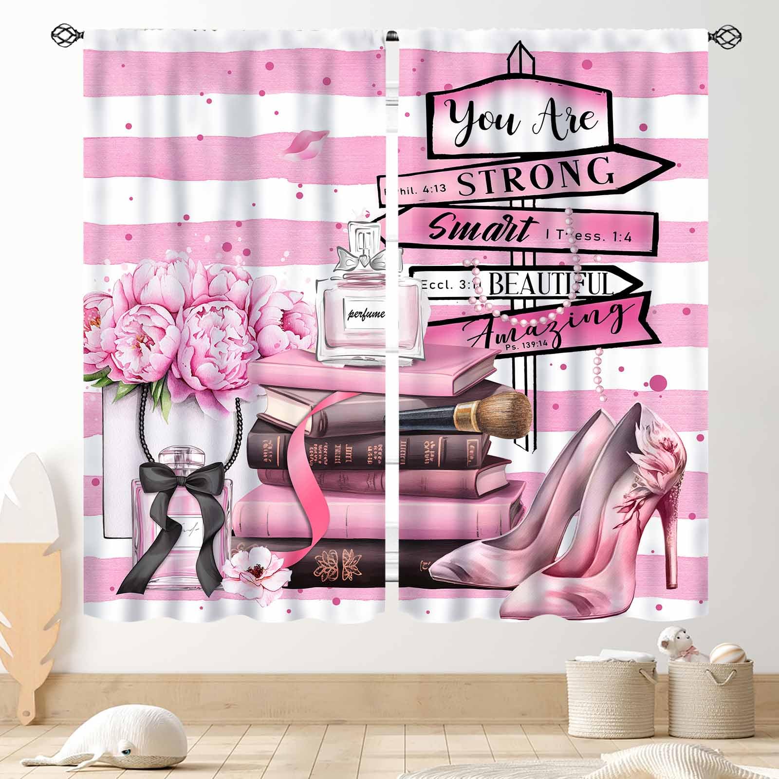 Modern Curtains for Girls Women Room, Pink Stripe Perfume High Heels Magazine Books Rose Floral Cosmetics Makeup Modern Romantic Window Drapery for
