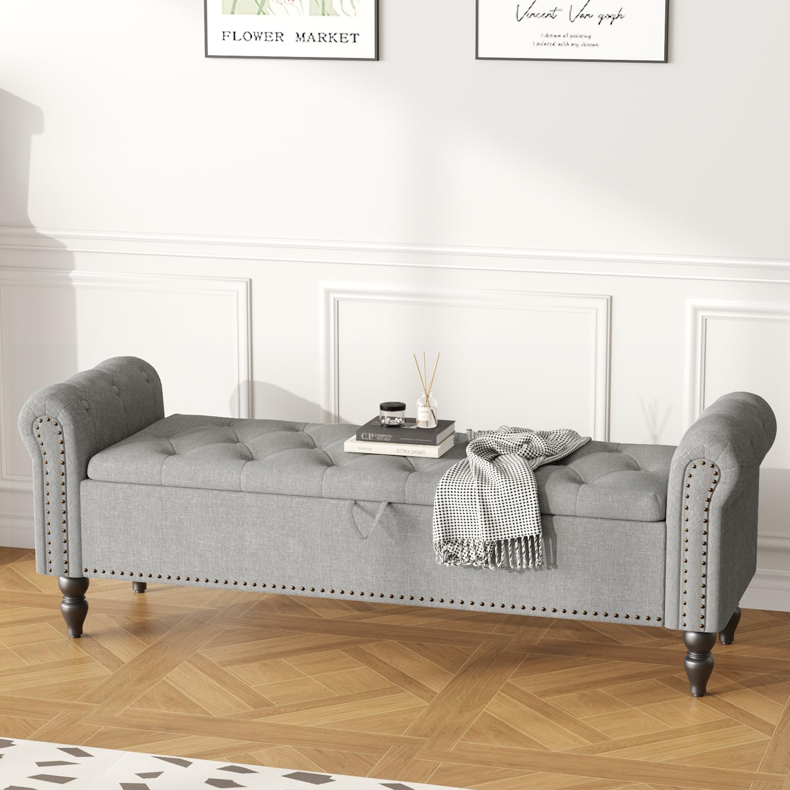 Ckaff Panca Fondo Letto Matrimoniale 160cm, Panca Contenitore Camera da Letto in Lino, Cassapanca Pouf Organizzatore con Braccioli Arrotolati per Camera da Letto Soggiorno Ingresso, Grigio Chiaro