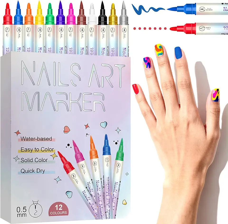 Nail Art Pens Set 12 Colors Nail Art Markers, Nail Polish Pens Drawing Painting Pen for Home Salon,Quickly Dry Nail Art Nail DIY Decoration for Adult Kids 12 gel colors (1 Set)