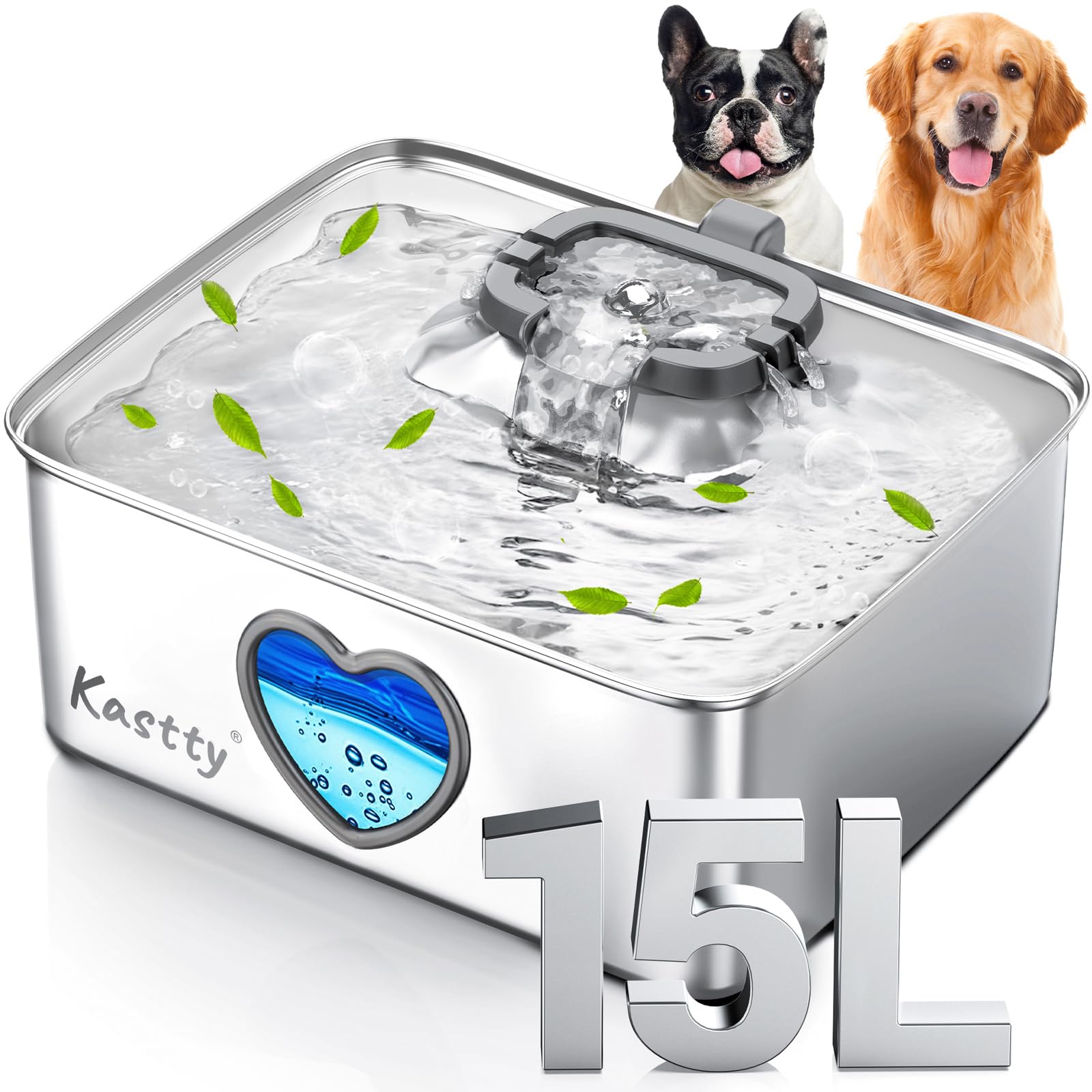 Kastty Fuente de agua para perros de 15L/4 galones, dispensador de cuenco de agua de acero inoxidable de filtración de 5 etapas, fuente de agua súper silenciosa para mascotas, con ventana de agua y