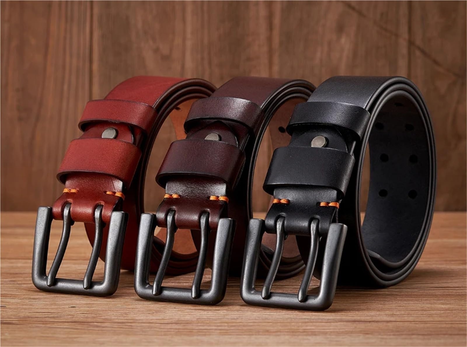1 stücke Echtes Leder Gürtel for Männer Männlich Gürtel Doppel Pin Schnalle Cowboy Jeans Strap Gürtel(Red Brown,120cm)