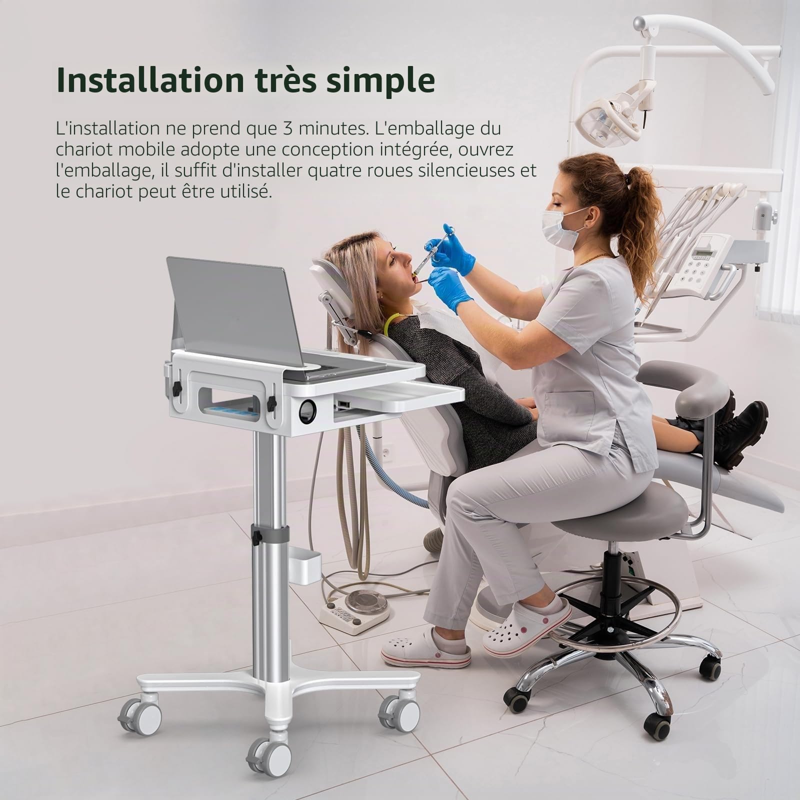 BEWISER Chariot médical mobile pour ordinateur portable avec support pour scanner buccal, bureau d'ordinateur réglable en hauteur pour clinique dentaire, soins infirmiers, station de travail PC