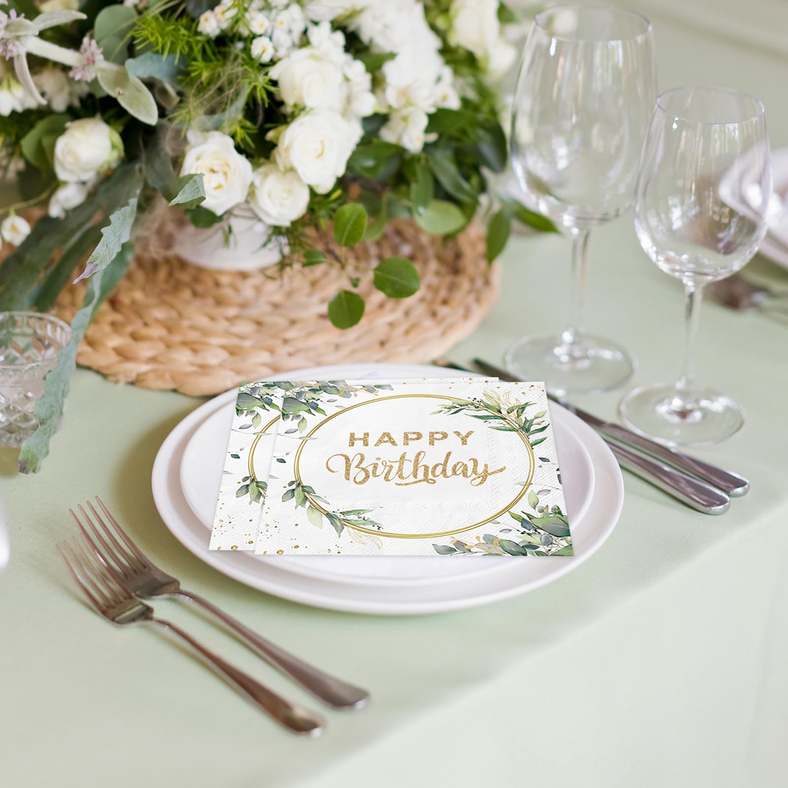 Lot 80 Serviettes Table 40e Anniversaire - Vert Sauge Eucalyptus Doré, Décoration Fête