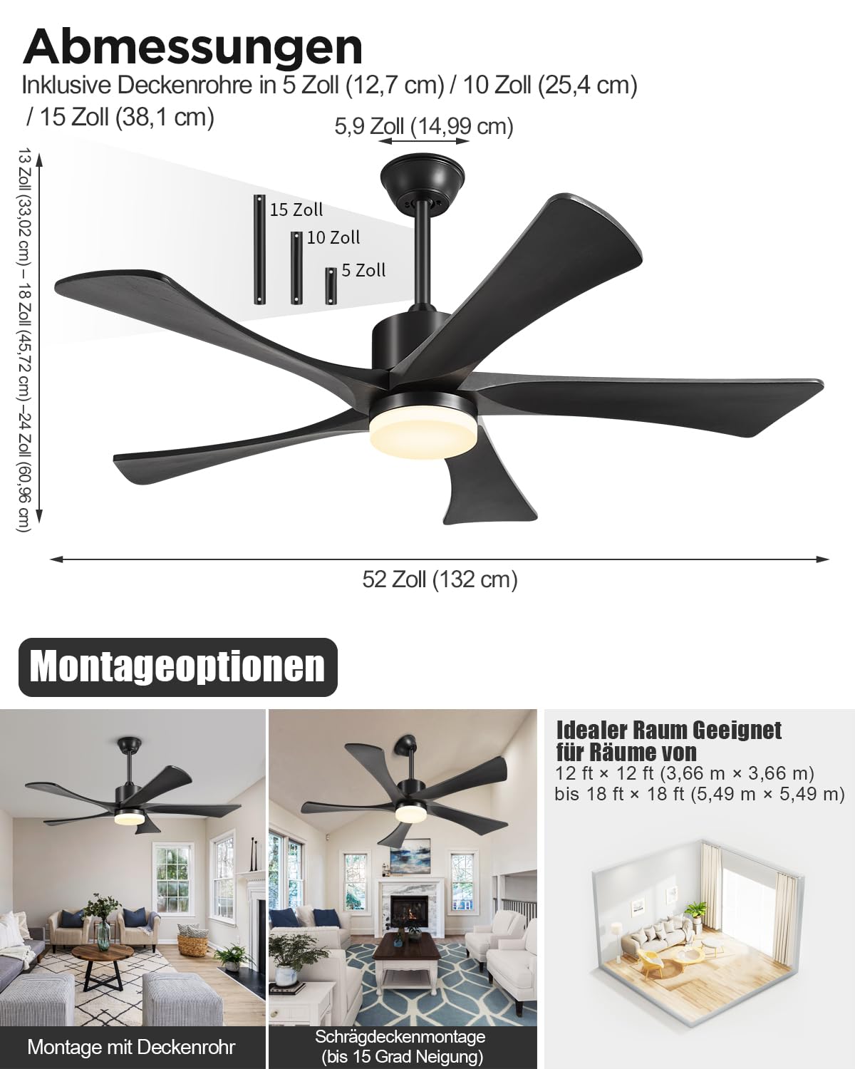 132cm Deckenventilator Mit Beleuchtung Und Fernbedienung 5 Flügel Schwarz | 6 Stufen Leiser 3 Verlängerungsstangen Timer 3 Farbtemperaturen Dc-Motor Deckenventilator Mit Licht Outdoor