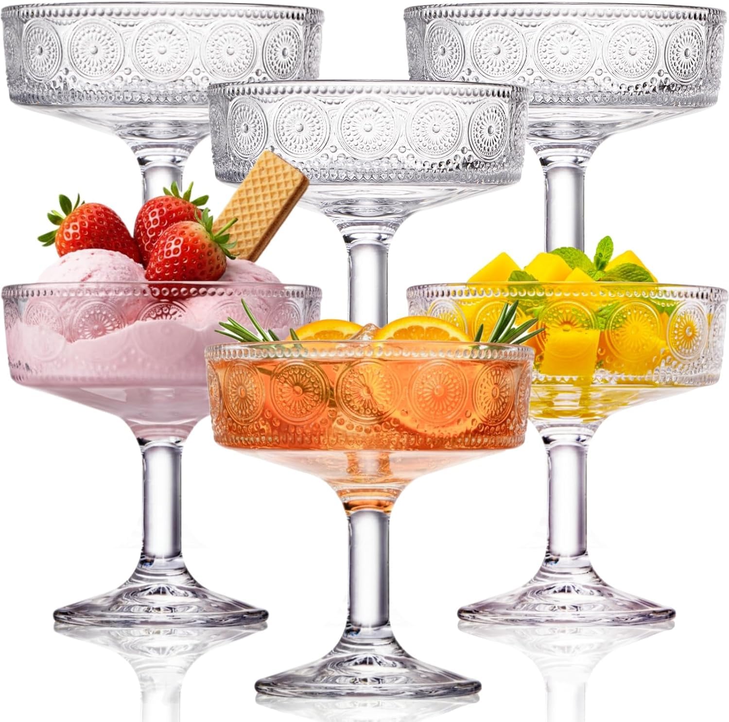 Pumtus Set of 6 Vintage Coupe Glasses, 200ml / 7 OZ Embossed Martini Glass, Floral Fluted Cocktail Glasses, Unique Clear Margarita Cup, Romantic Drinking Glassware for Cocktail Wine Champagne