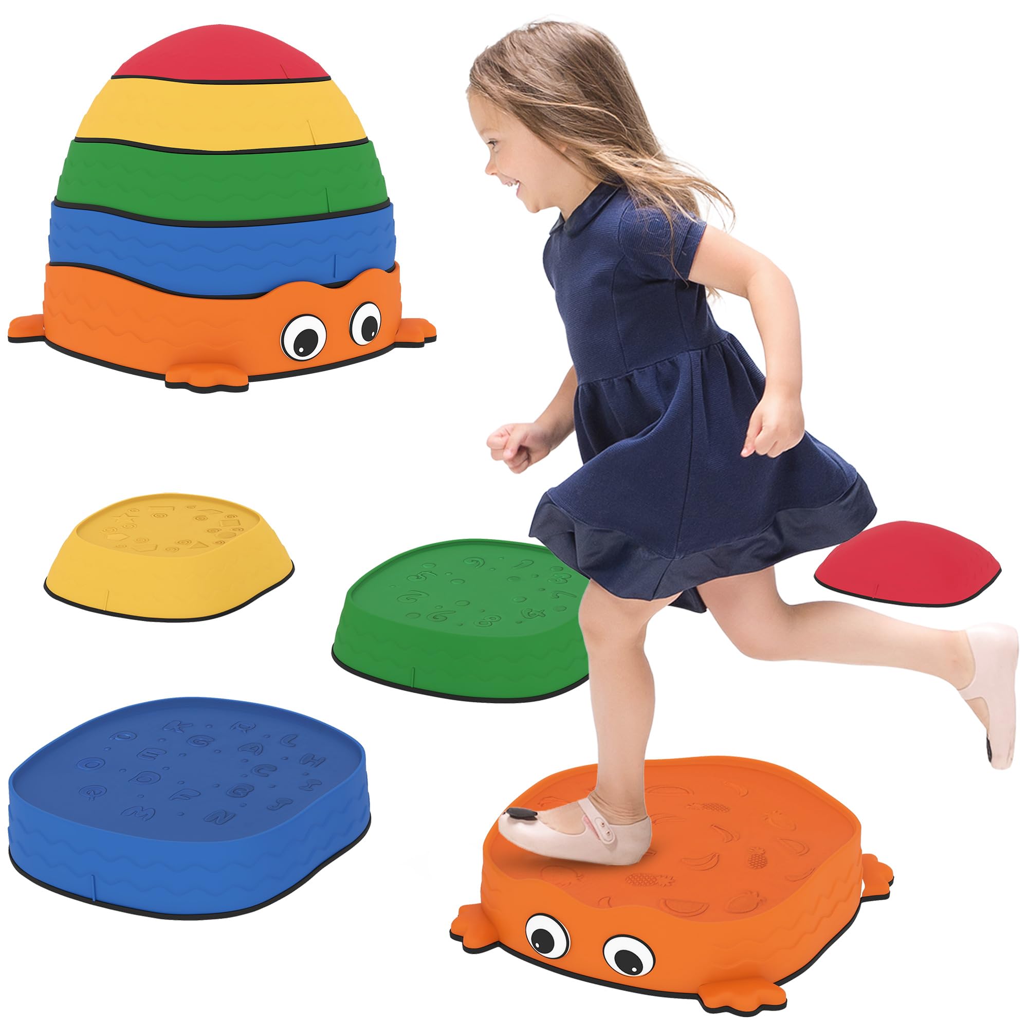 AIYAPLAY 5PCS Balance Stepping Stones, Frog-Shaped Sensory Stepping Stones for Toddlers, Anti-Slip Edging, Stackable Design, Indoor Outdoor Obstacle Course for Kids Ages 2-8, Multicoloured