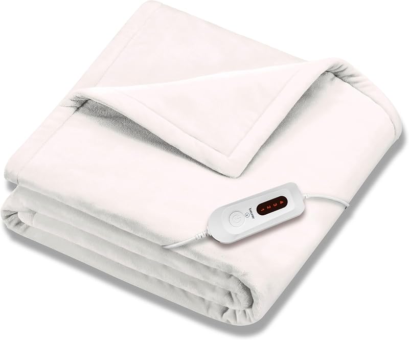 Beurer HD61 Manta térmica súper acogedora: manta eléctrica de calentamiento rápido con 4 configuraciones de calor, tela lavable a máquina, apagado automático de 4 horas, manta cálida con calefacción (50 x 60 pulgadas)