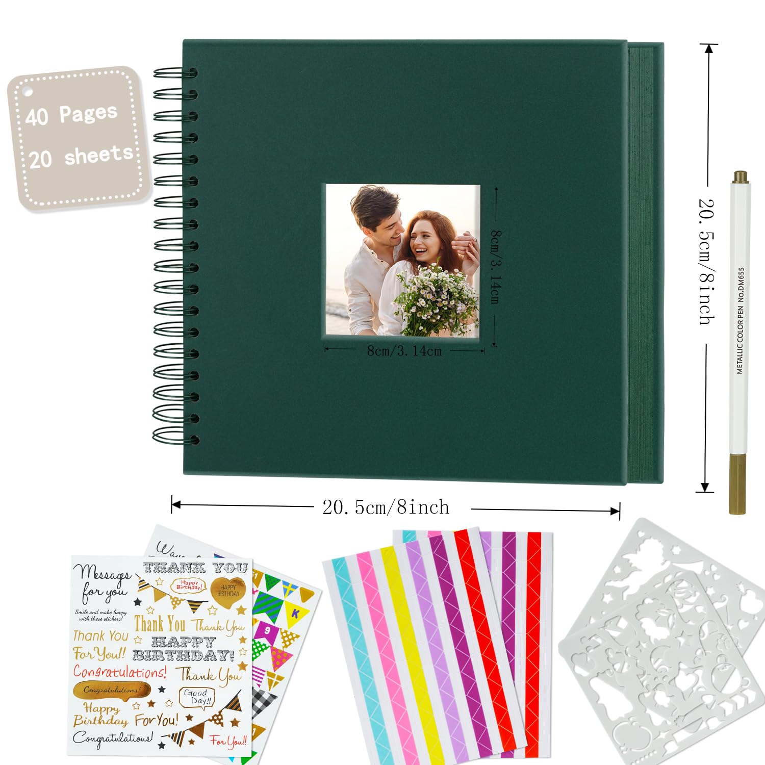 Miaikoe 20.5x20.5 cm DIY Scrapbook Album with Window Hardcover Kraft Blank Paper Scrap Book with 20 Sheets Photo Album for Guest Book Family Wedding Anniversary (Dark Green) - Image 4