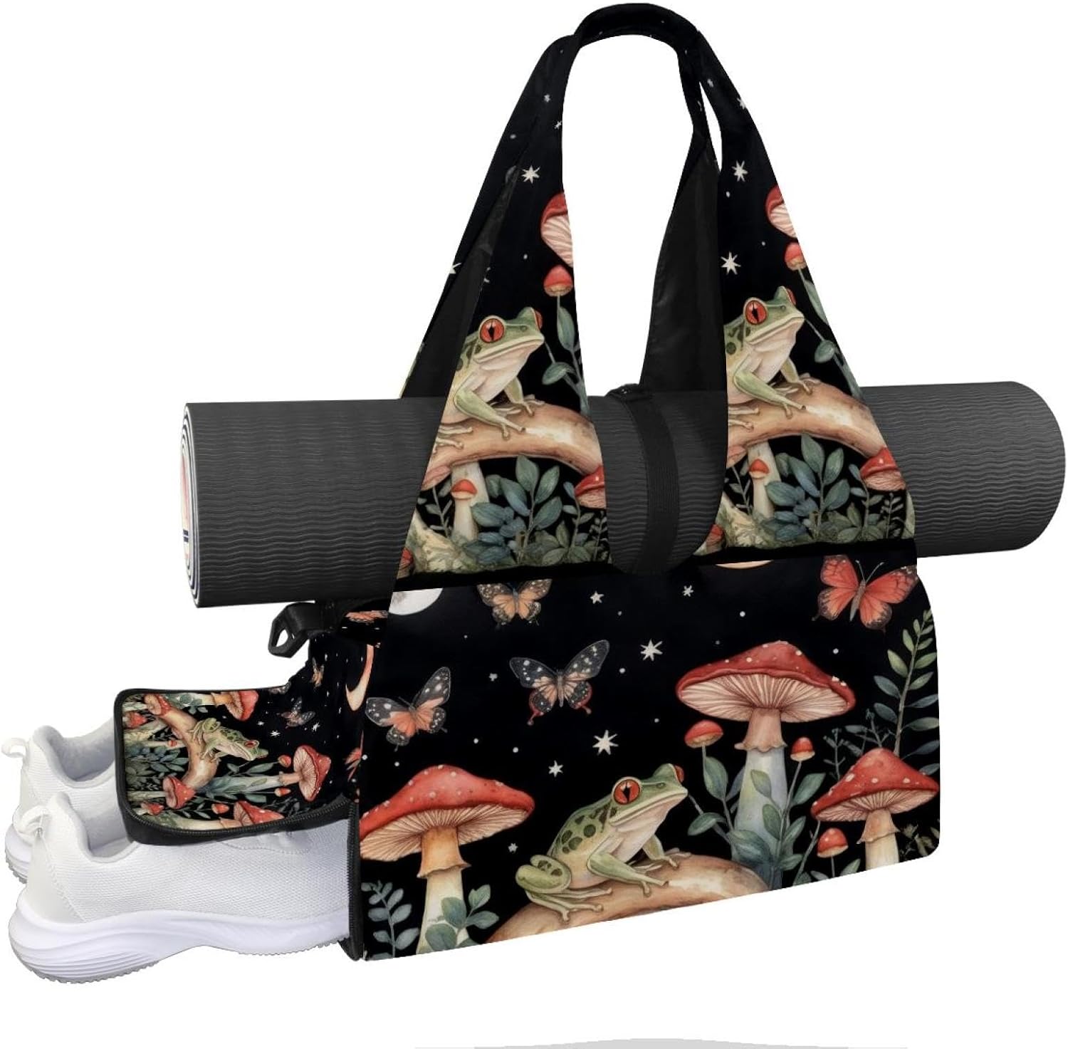 Yoga Mat Bag, Gym Workout Bag with Shoe Compartment, Frog Flowers Pilates Bag for Women, Quick Access Storage Yoga Tote Bag for Sports Travel Office