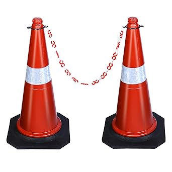 ABS INDUSTRY Safety Cones 2 Cones with 2 Meters S Hook Safety Chain and 2 Hooks Multipurpose PVC Plastic Traffic Safety Cone with Black Rubber Weighted Base and Highly Visible Reflective Collar