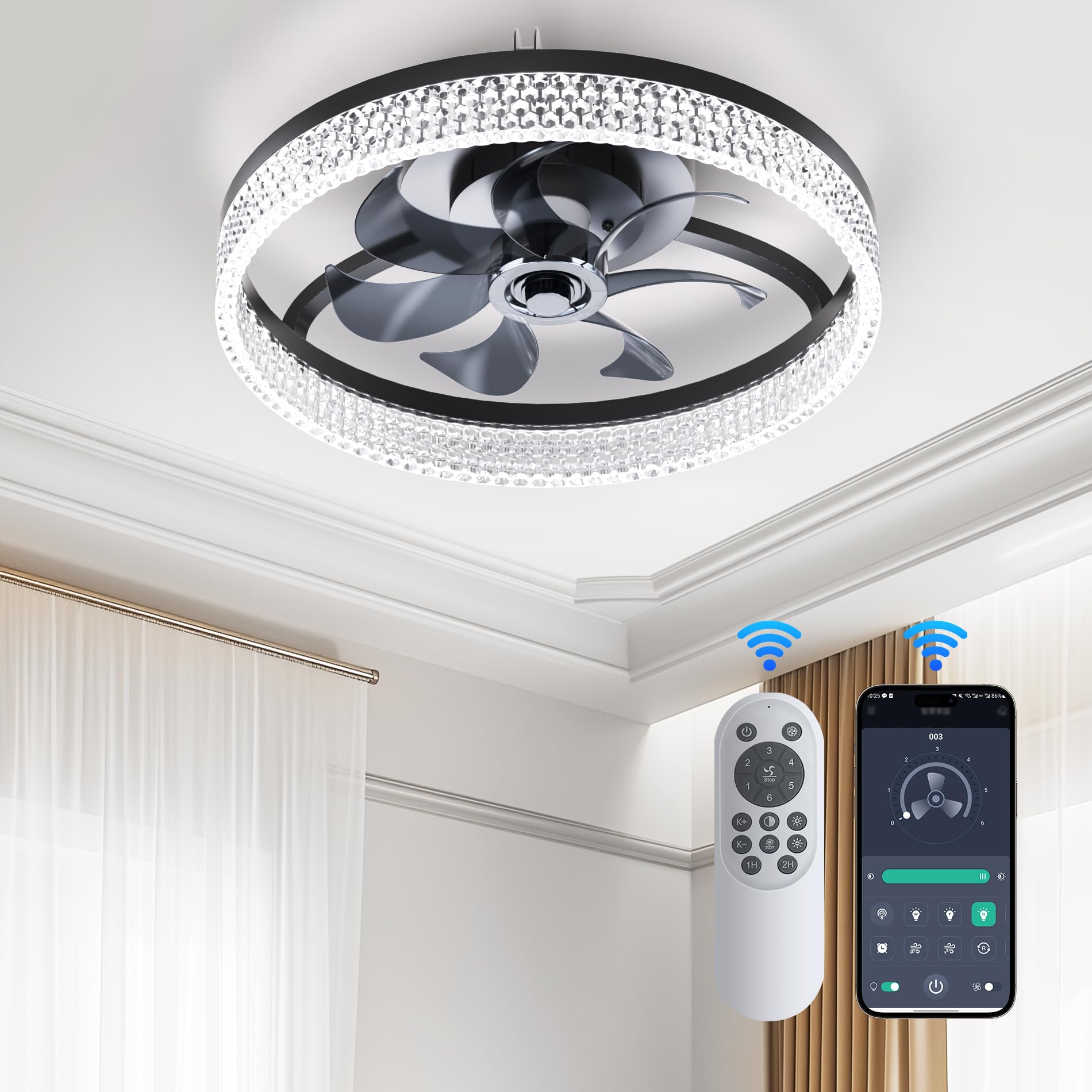 Black Ceiling Fans with Lights and Remote:Low profile Ceiling Fan with Light,6 Wind Speeds Modern Smart Ceiling Fan 20 in Bladeless Ceiling Fan Flush Mount for Bedroom, Kids Room and Living Room