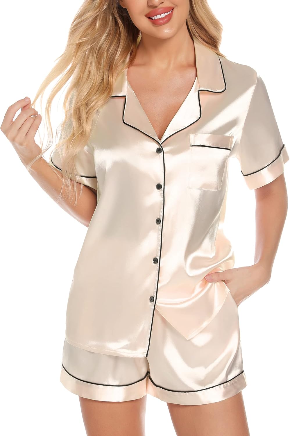 Anjue Silk Satin Pajamas Set Women's Short Sleeve Sleepwear Soft Pjs Shorts Set Two Piece Button Down Pj Set S-XXL - Image 2