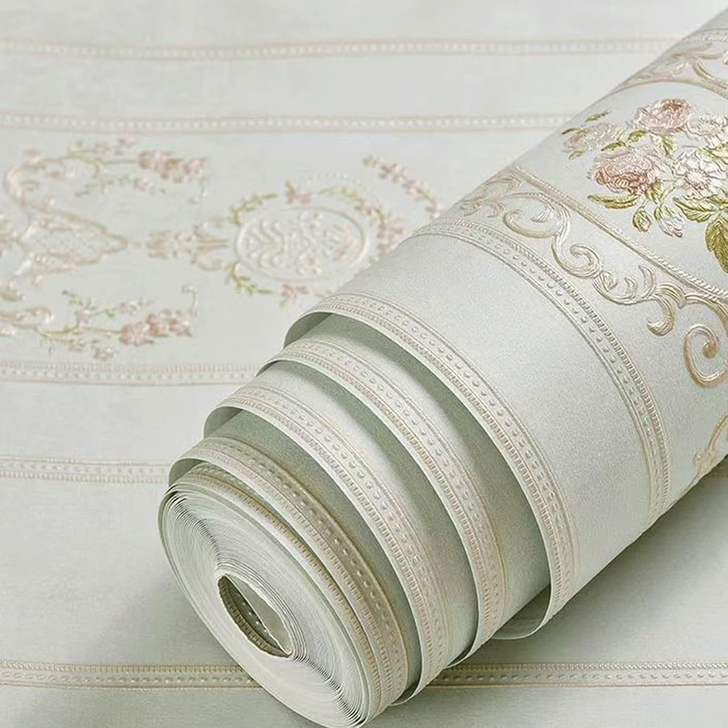 Peel-and-Stick Floral Damask Texture Mirror-Effect Wallpaper Ideal for Living Room and Bedroom Wall Decoration(Light Green,A)