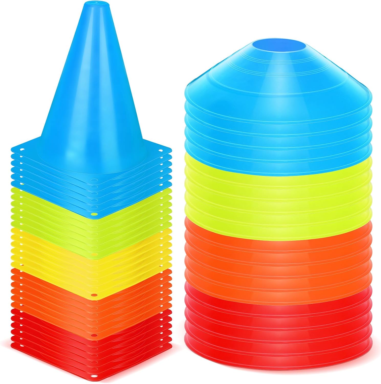Hiboom 50 Pack Cones Sports Training Set, 30 Pcs 7 Inch Soccer Cones and 20 Pcs Disc Cones for Soccer Basketball Drills