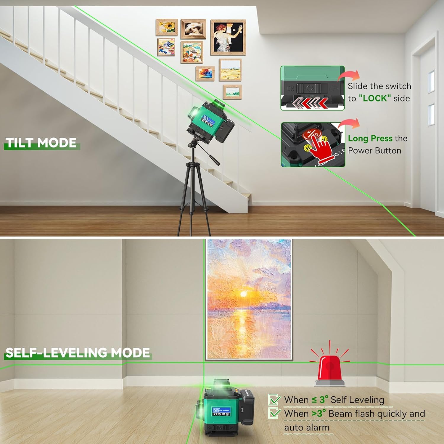 Livella Laser Autolivellante 16 Linee, 4 X 360 °Livello Laser Autolivellante Verde, 2 x Batterie, Autolivellante, Supporto rotante, Telecomando, Base Magnetica