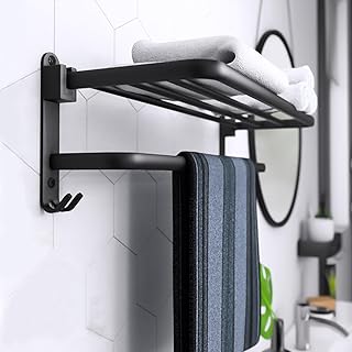 Towel Rails,Towel Holder with 2 Towel Bars Wall Mounted, 24 Inch Self Adhesive Towel Rail with Hooks, Aluminum Towel Holders Towel Rack For Bathroom,Matte Black 60cm