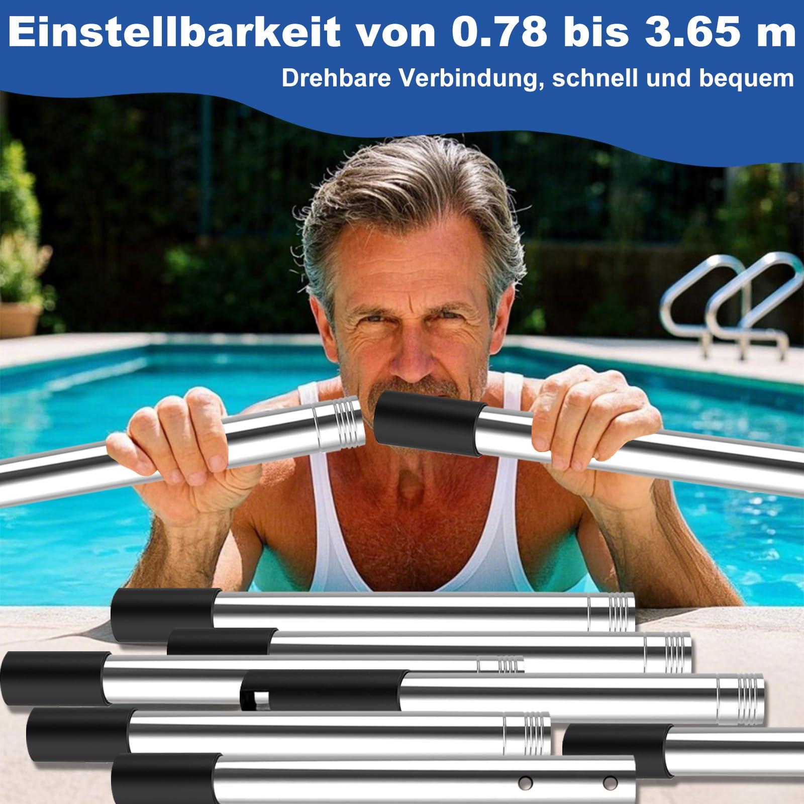 4BAOHUI Teleskopstange Pool Einstellbar von 75 cm bis 365 cm, Poolzubehör Pool Stange aus Rostfreiem Stahl und Stabil, Poolstange Ausfahrbar für Gängigen Keschern, Skimmer Net, Bodenbürsten