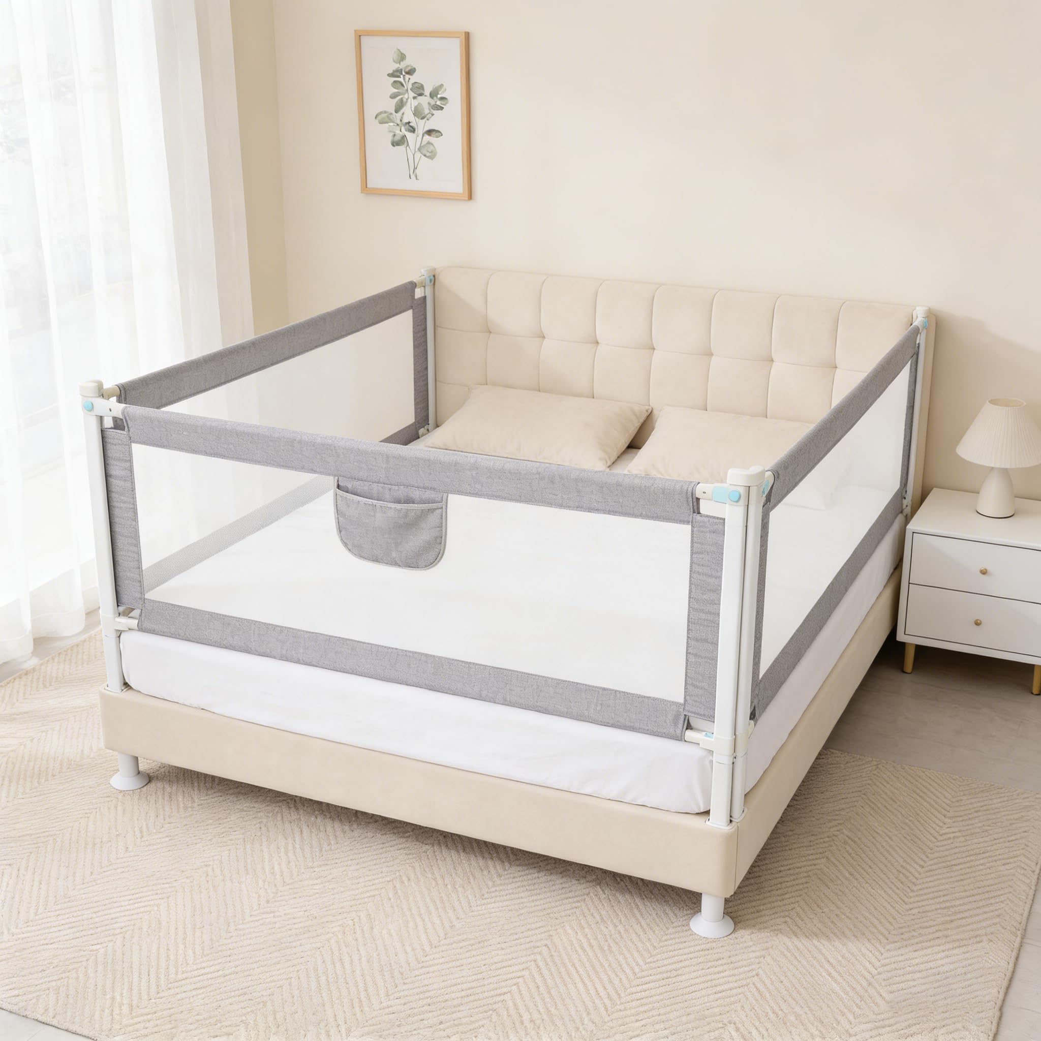 Barrera Seguridad Niños Cama, Barandilla Cama 150/180/200cm, Protección Anticaídas con Malla Transpirable, Barandilla Regulable en Altura 69-98 cm, Pasamanos con Bolsillo Lateral, Apto para Boxspring