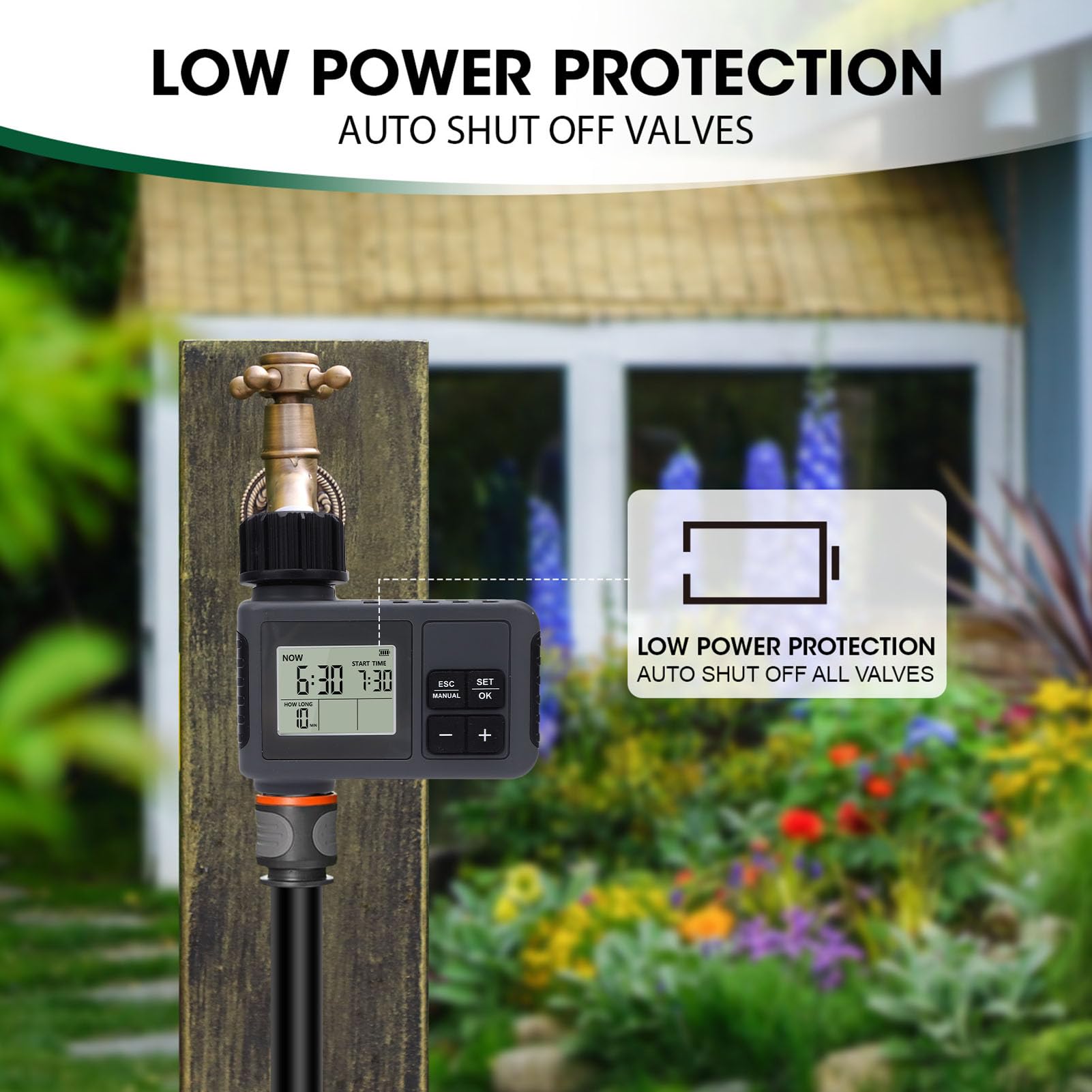 Programmatore Irrigazione Automatico per Giardino, Timer per Irrigazione LCD con Ritardo Pioggia, Impermeabile IPX5 per Rubinetto 3/4 Pollice, 0,5-8 Bar
