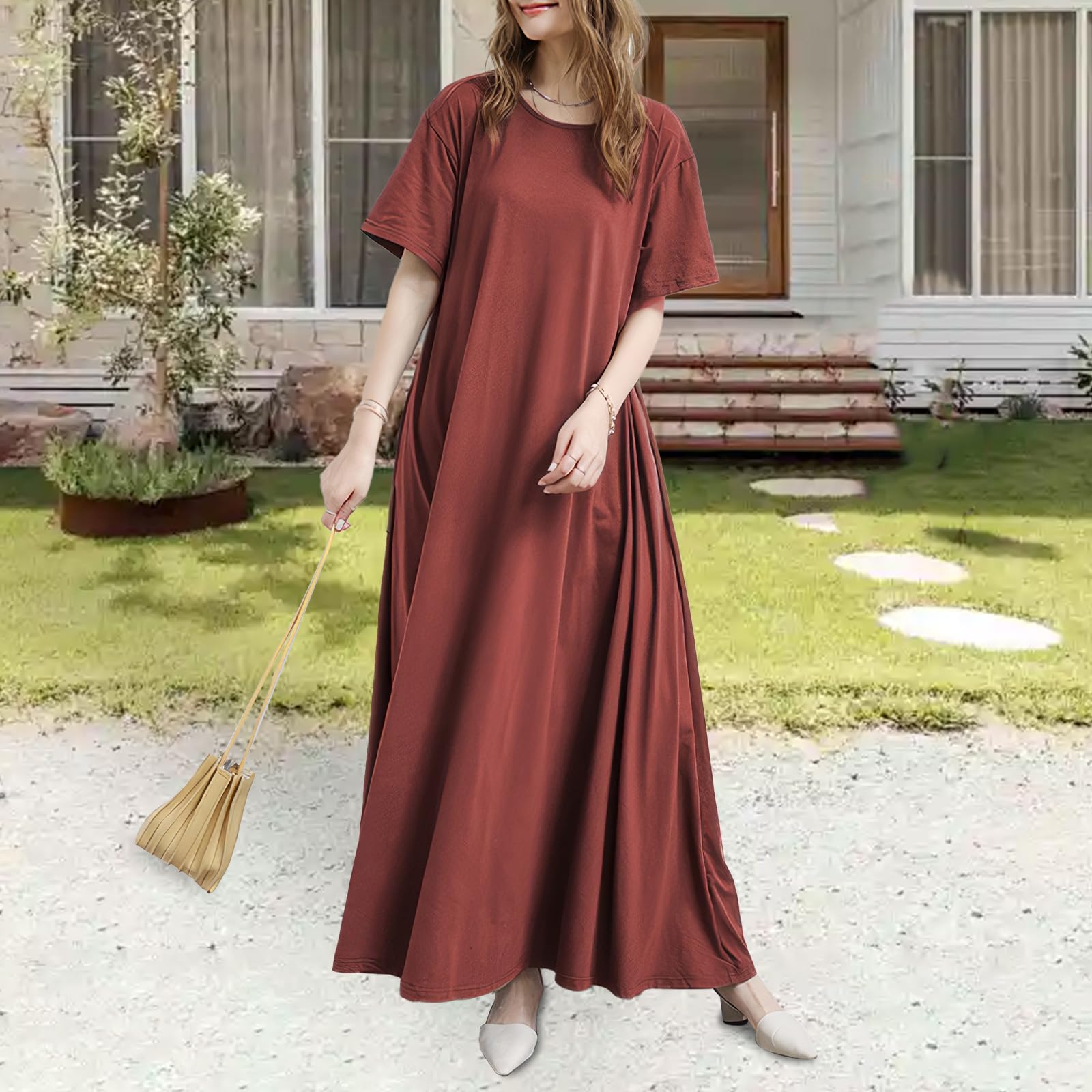 Qin Derdom Abiti Estivi Abiti Lunghi Maniche Corte Eleganti Abiti Sciolti Casual Girocollo Abiti Lunghi