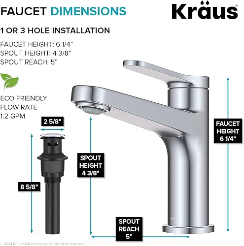 Miniatura 6 de KRAUS Indy KBF-1411CH - Grifo de lavabo de baño de una sola manija y un agujero en cromo, KBF-14