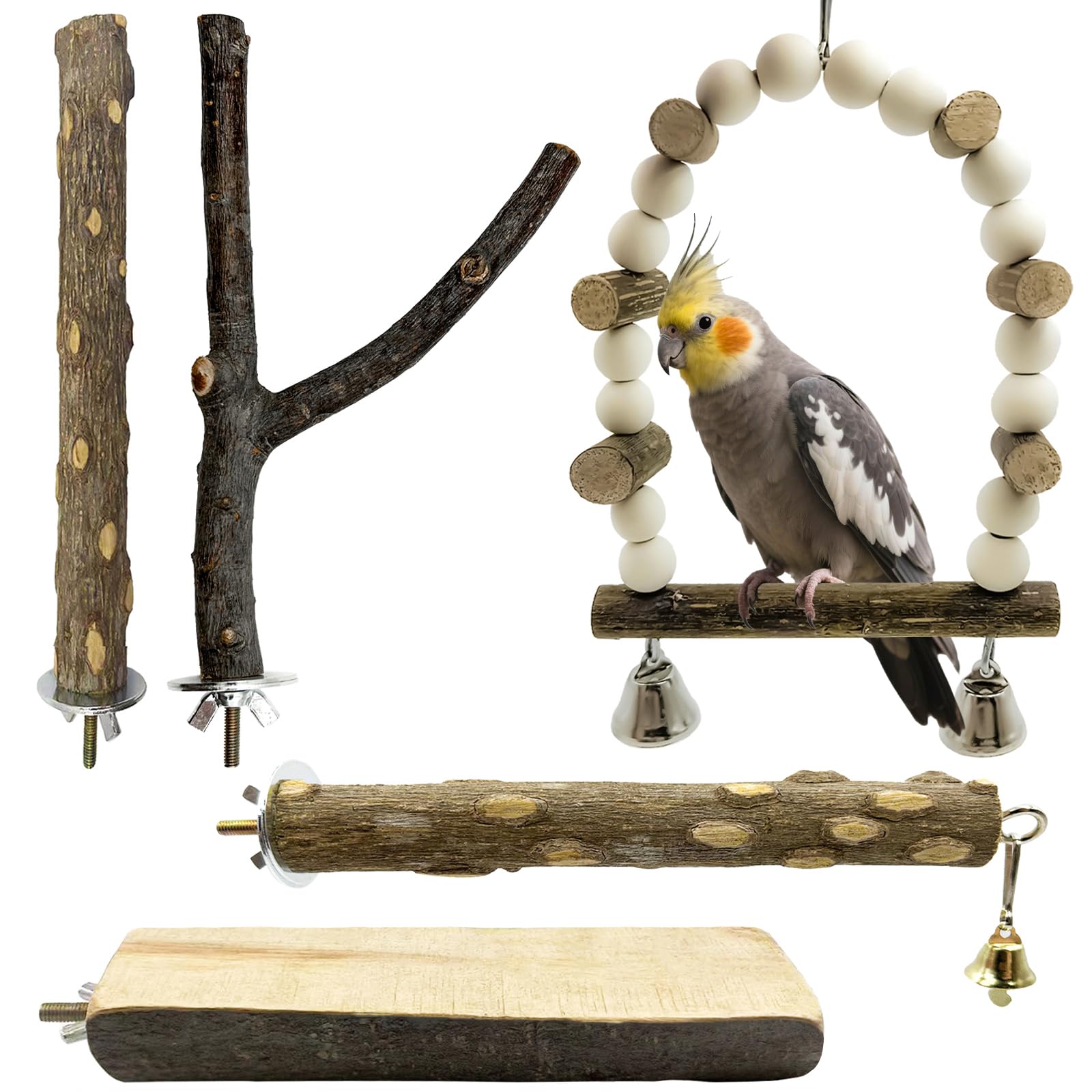 5Pcs Natural Wooden Bird Perch Set – Parrot Perch Toys, Bird Cage Toys, Cage Accessories for Budgies, Cockatiels, Lovebirds, Finches, and Other Small to Medium Birds