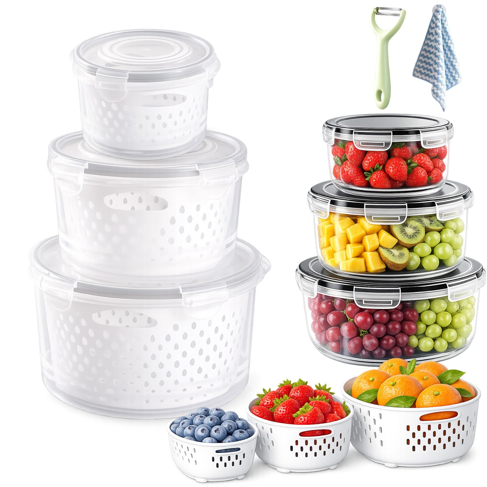 Liocwocne Food Storage Containers for Fridge with Removable Colander & Airtight Lids (Round-G,M+L+XL)