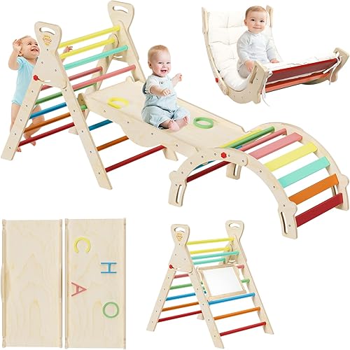 Pikler Triangle Set 7-in-1 Foldable Montessori Wooden Climbing Toys for Toddlers 1-5 Years Indoor Jungle Gym with Slide, Arch Ladder & Ramp Solid Wood Baby Activity Climber（ Rainbow）