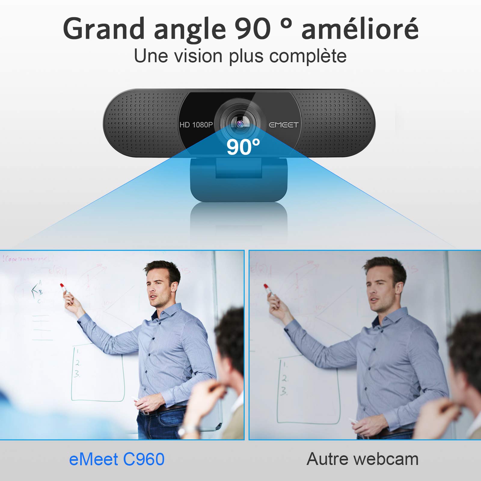 eMeet Webcam 1080P- Webcam C960 Full HD avec Double Microphone, Paramètres réglables, Grand Angle 90 ° avec Correction Automatique, Plug & Play, caméra de Streaming pour Linux, Win10, Mac, Youtube