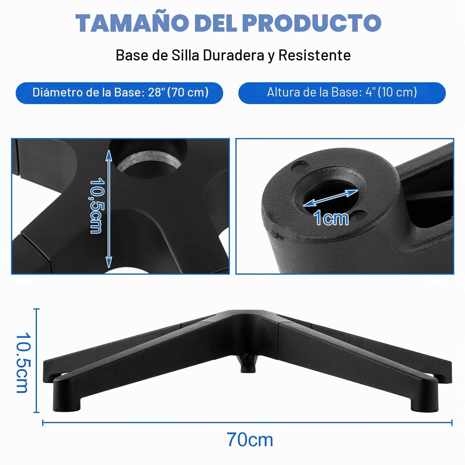 DAJAVE Silla de oficina con pie en cruz, 200 kg, con base en cruz, 70 cm de diámetro, universal, para ruedas de 11 mm x 22 mm y muelle de gas de 50 mm, duradera, estable, base de metal negro