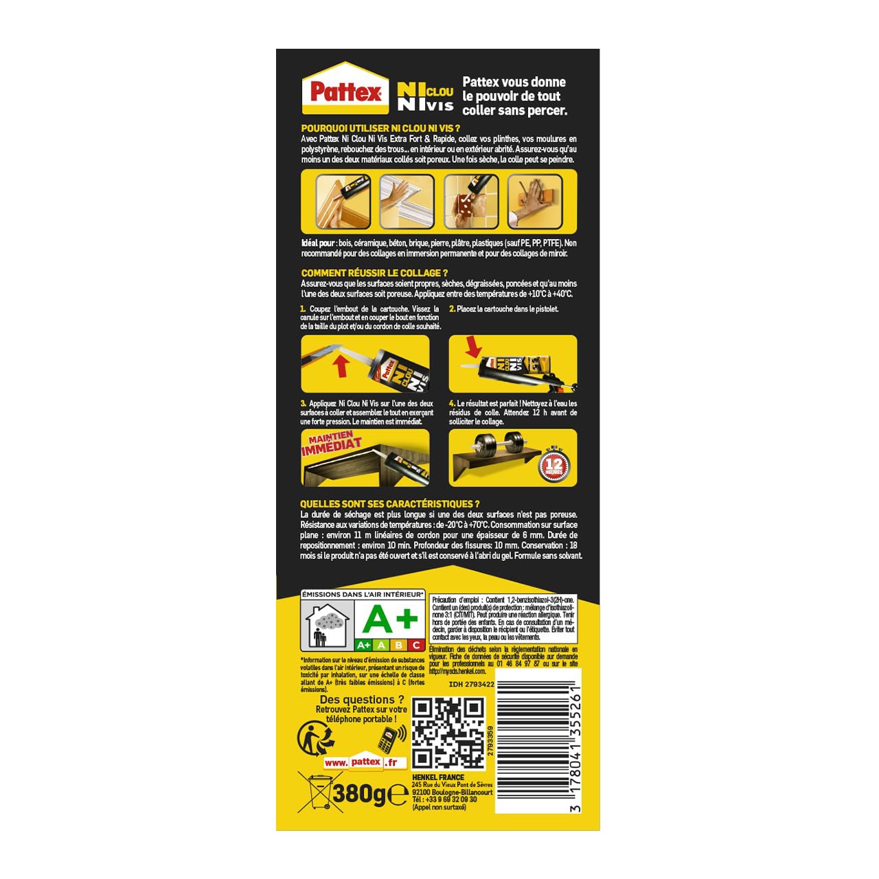 Pattex Ni Clou Ni Vis Extra Fort -12 cartouches de 380 g – Colle de fixation à maintien immédiat – Colle rapide pour usage intérieur surpuissante