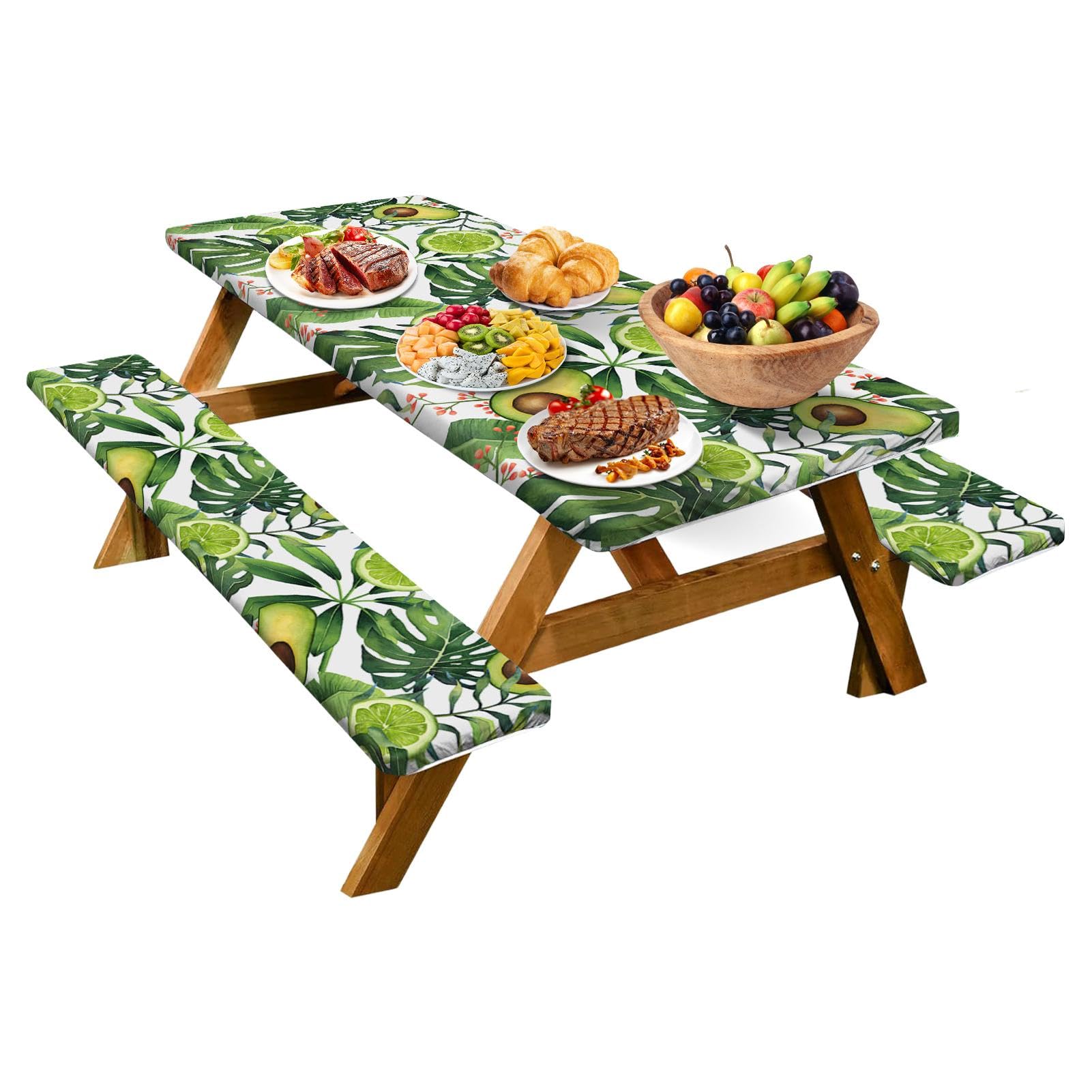 Nappe de table de pique-nique rectangulaire verte 3 pièces housses de banc motif avocat 6ft