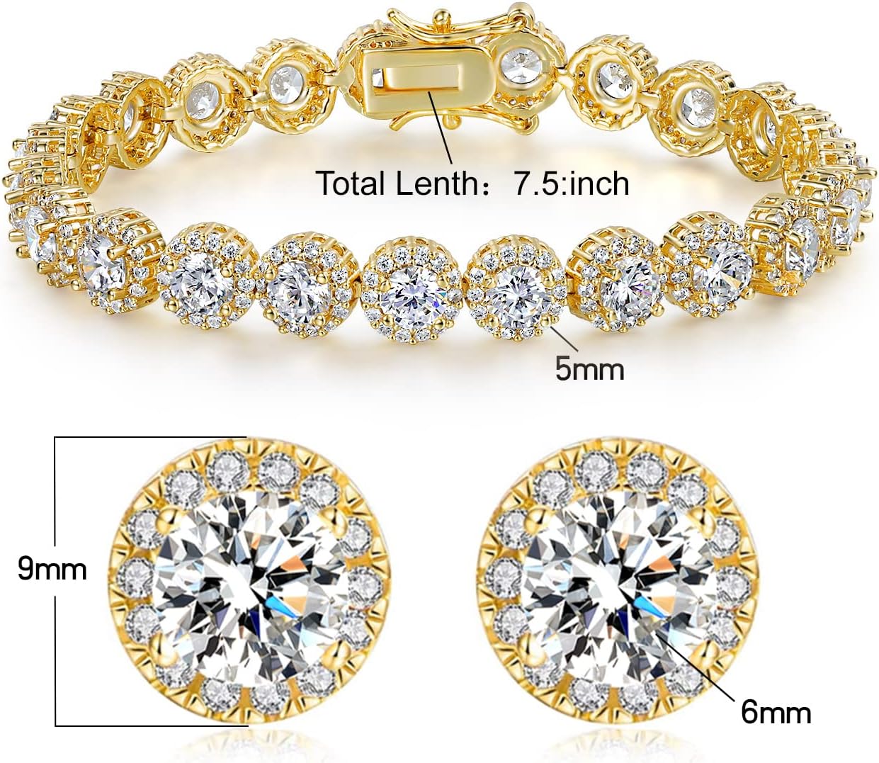 Gemsme 18K White Gold Plated Cubic Zirconia Tennis Necklace/Bracelet/Stud Earrings Set for Women Men - Image 4